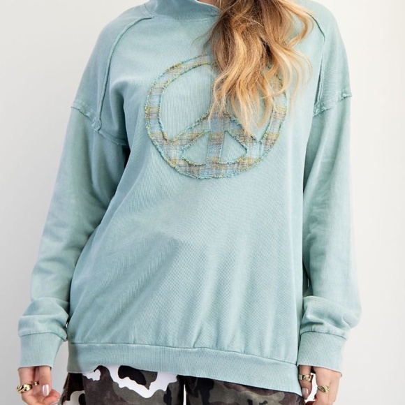 NEW EASEL CLOTHING WASHED TERRY KNIT PULLOVER PEACE HOODIE SEAFOAM SWEATSHIRT - Picture 9 of 10